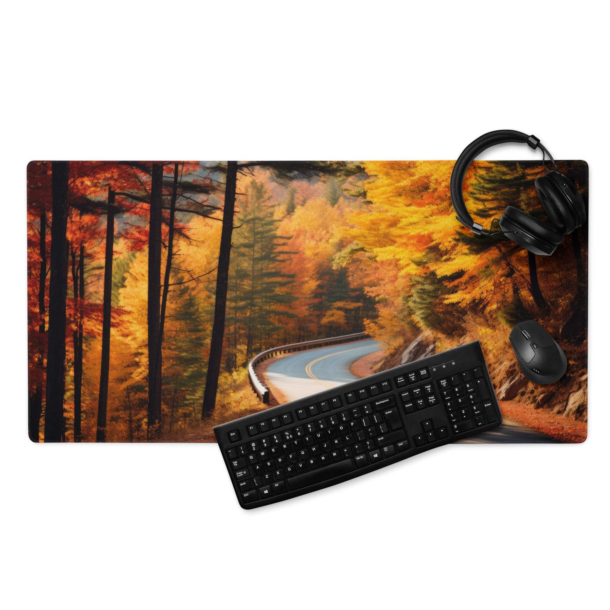 Vibrant autumn forest road gaming mouse pad with keyboard and mouse