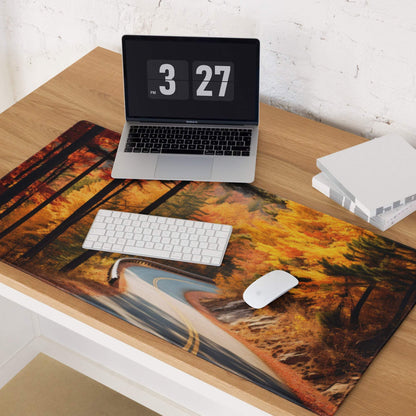Vibrant autumn forest road gaming mouse pad with orange foliage