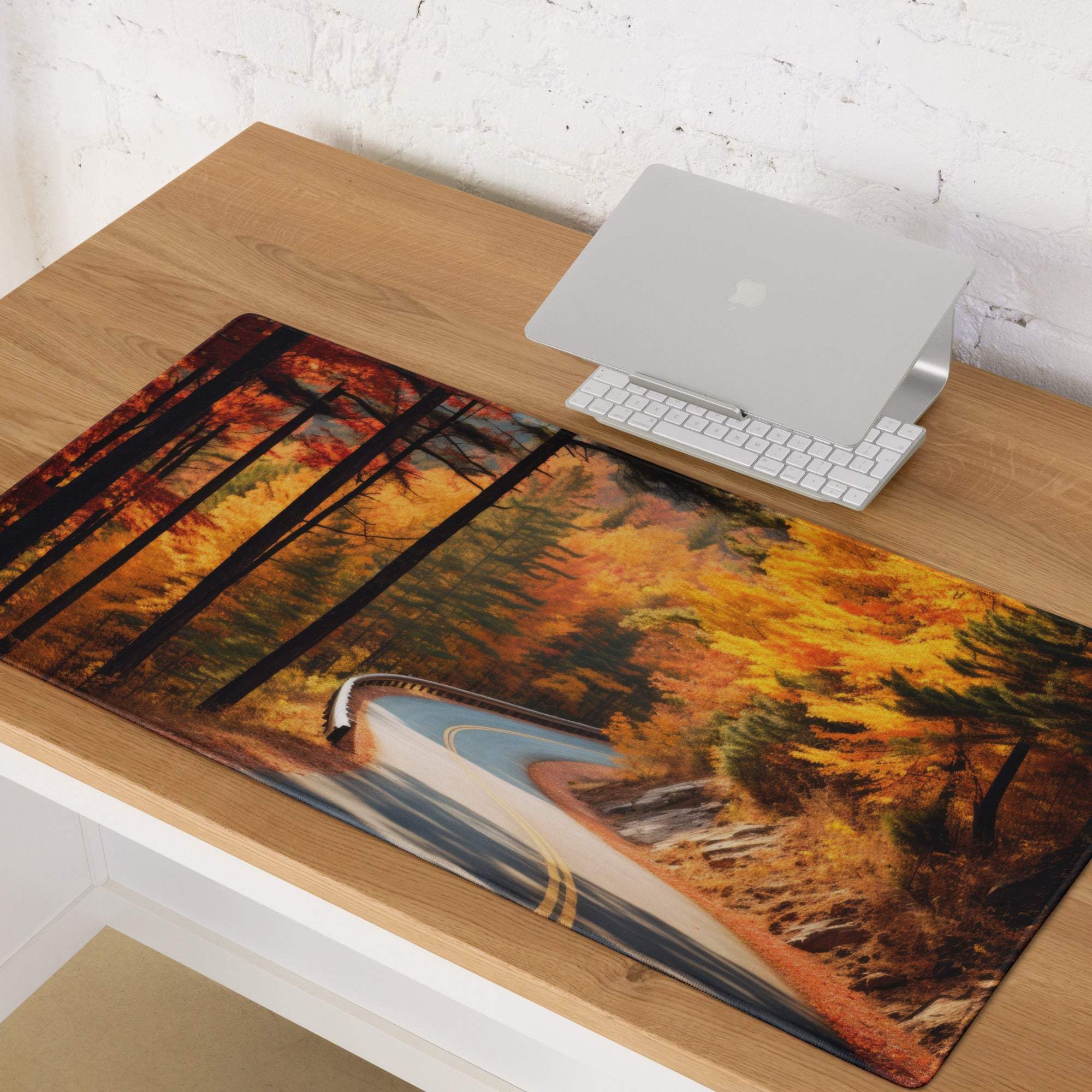 Vibrant autumn forest road gaming mouse pad, large non-slip glossy design