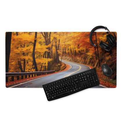 Vivid autumn forest road gaming mousepad with keyboard and mouse