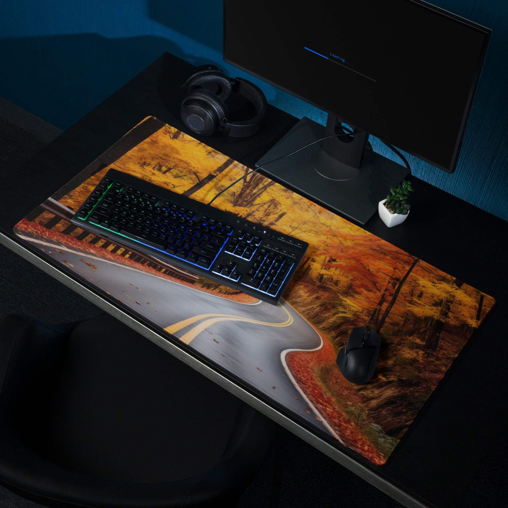 Vivid autumn forest road gaming mousepad with orange gold foliage