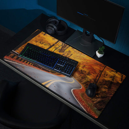 Vivid autumn forest road gaming mousepad with orange gold foliage