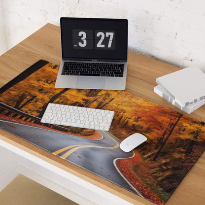 Vivid Autumn Forest Road gaming mouse pad with fiery orange trees