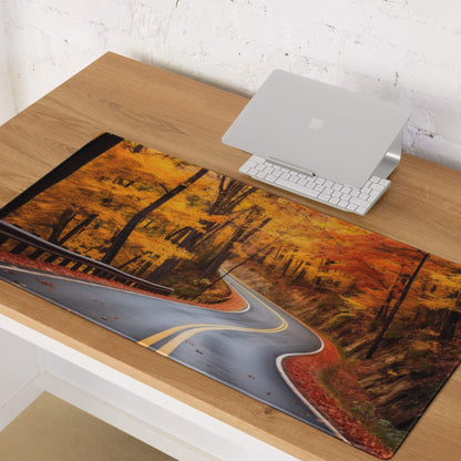 Vivid Autumn Forest Road gaming mouse pad with orange gold foliage
