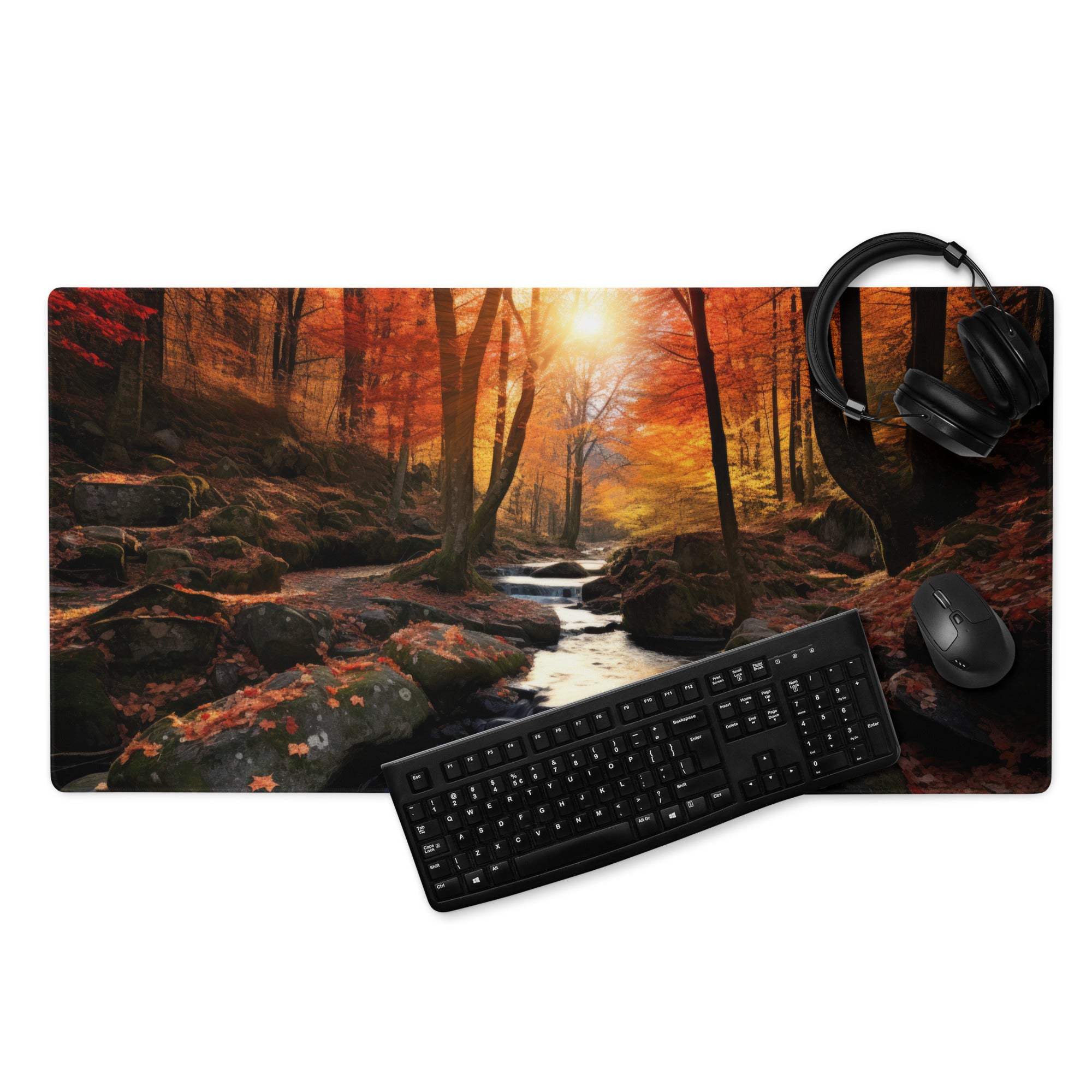 Autumn Forest Landscape Large Gaming Mouse Pad with vivid orange leaves and stream