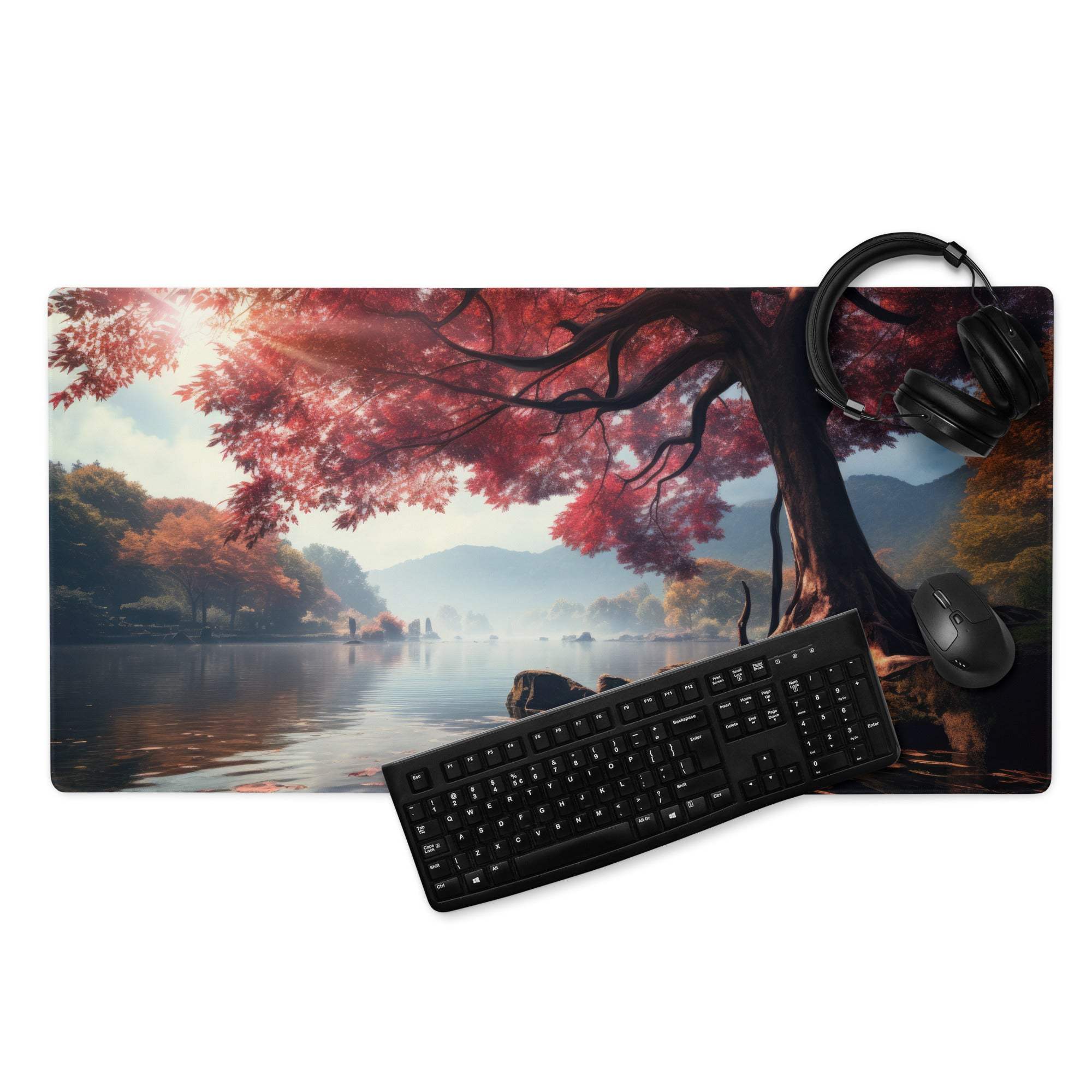 Autumn Forest large gaming mouse pad with red leaf tree, water reflection, mountains
