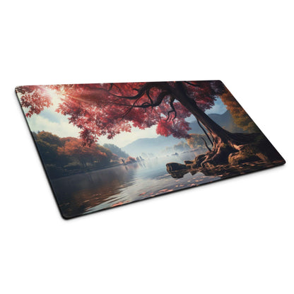 Autumn forest large gaming mouse pad with serene red tree over water print