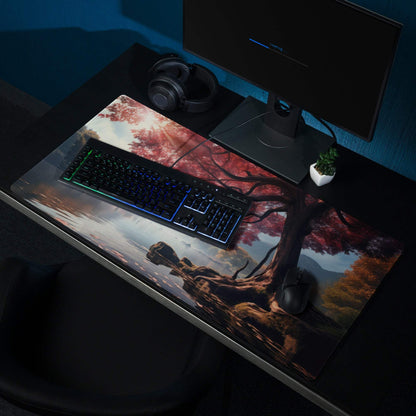 Autumn Forest large gaming mouse pad with vivid red orange tree leaves