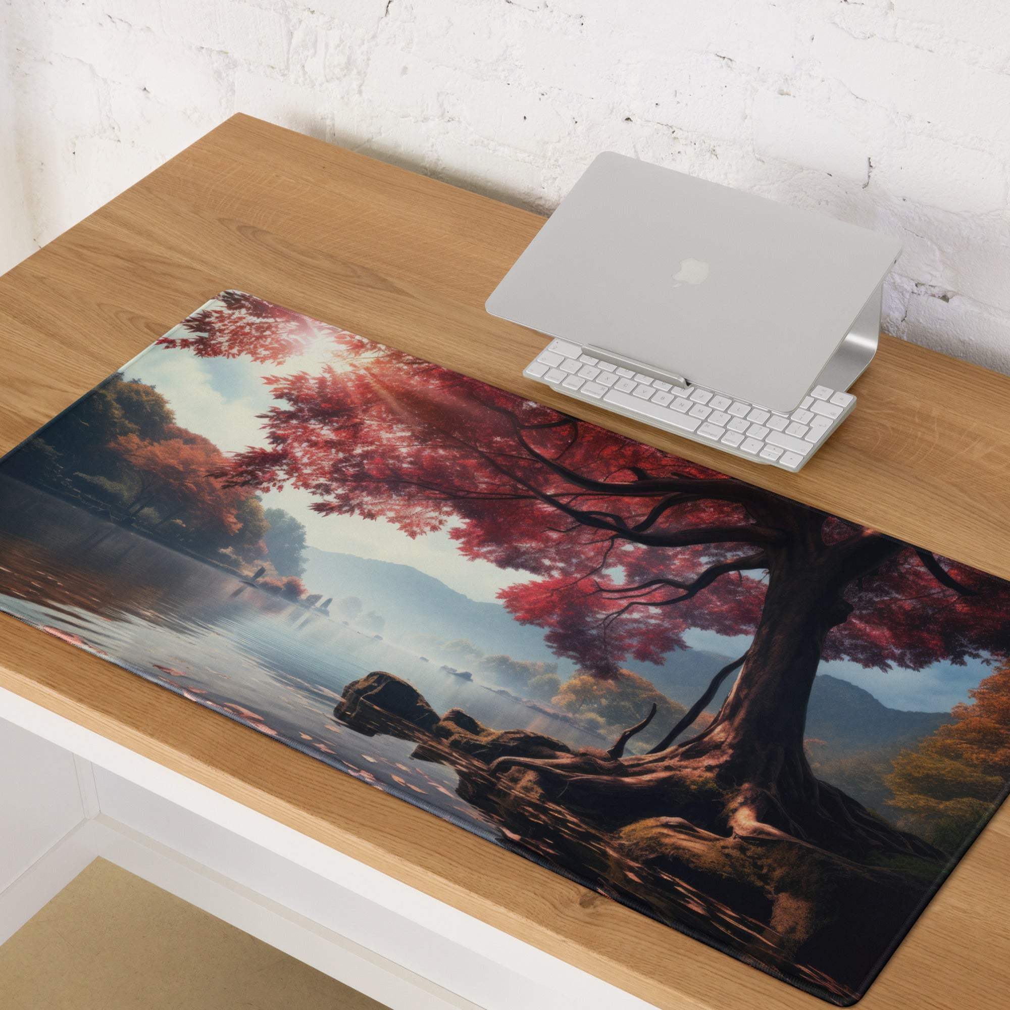 Autumn Forest large gaming mouse pad with majestic red tree over water and mountains