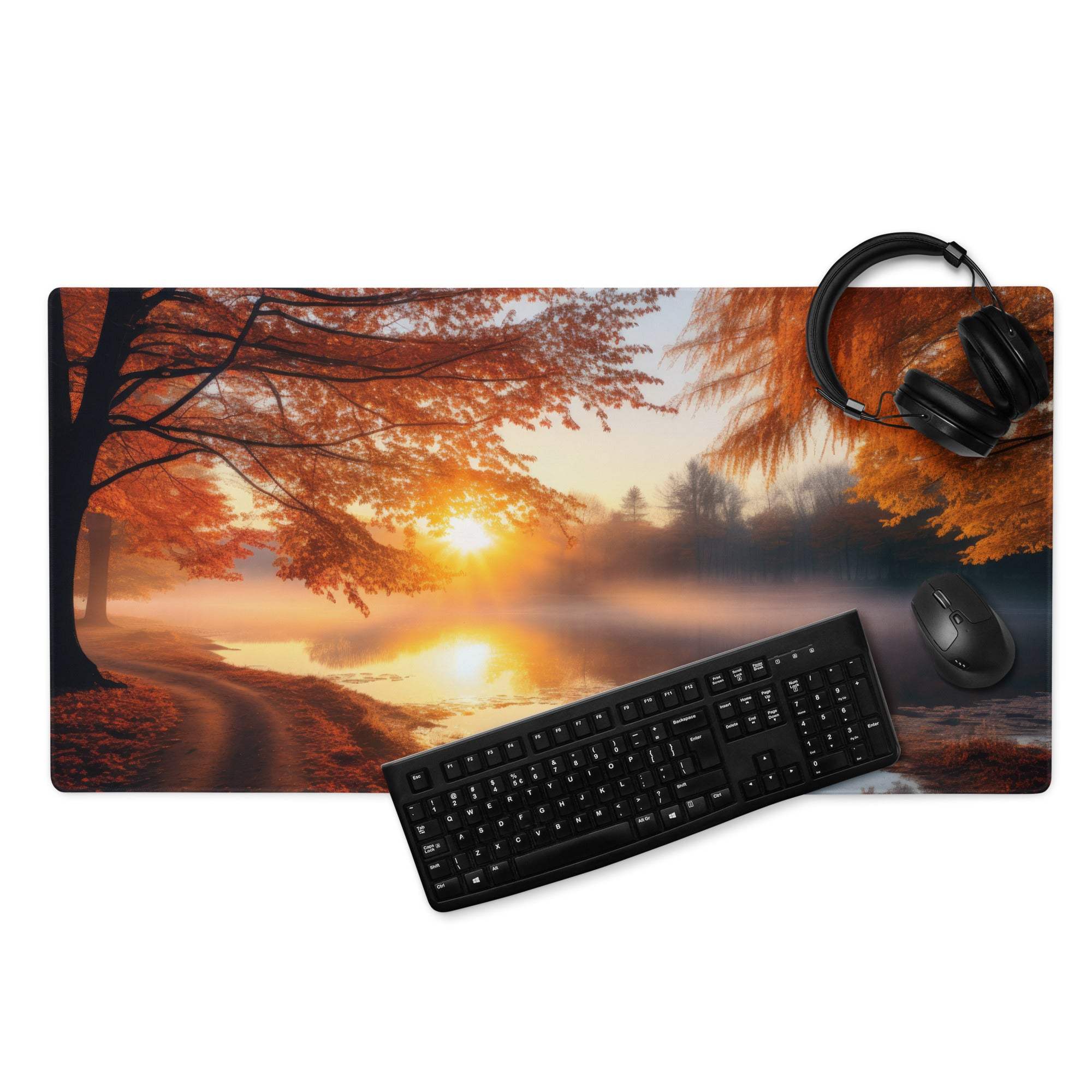 Large nature-inspired autumn sunset gaming mousepad with keyboard and mouse