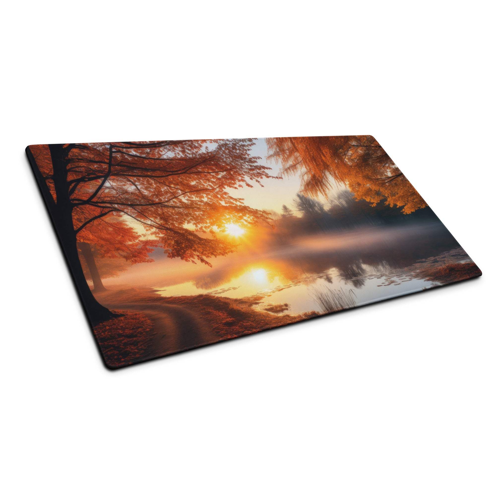 Large nature-inspired autumn sunset gaming mouse pad with vivid orange leaves, misty reflections, non-slip base