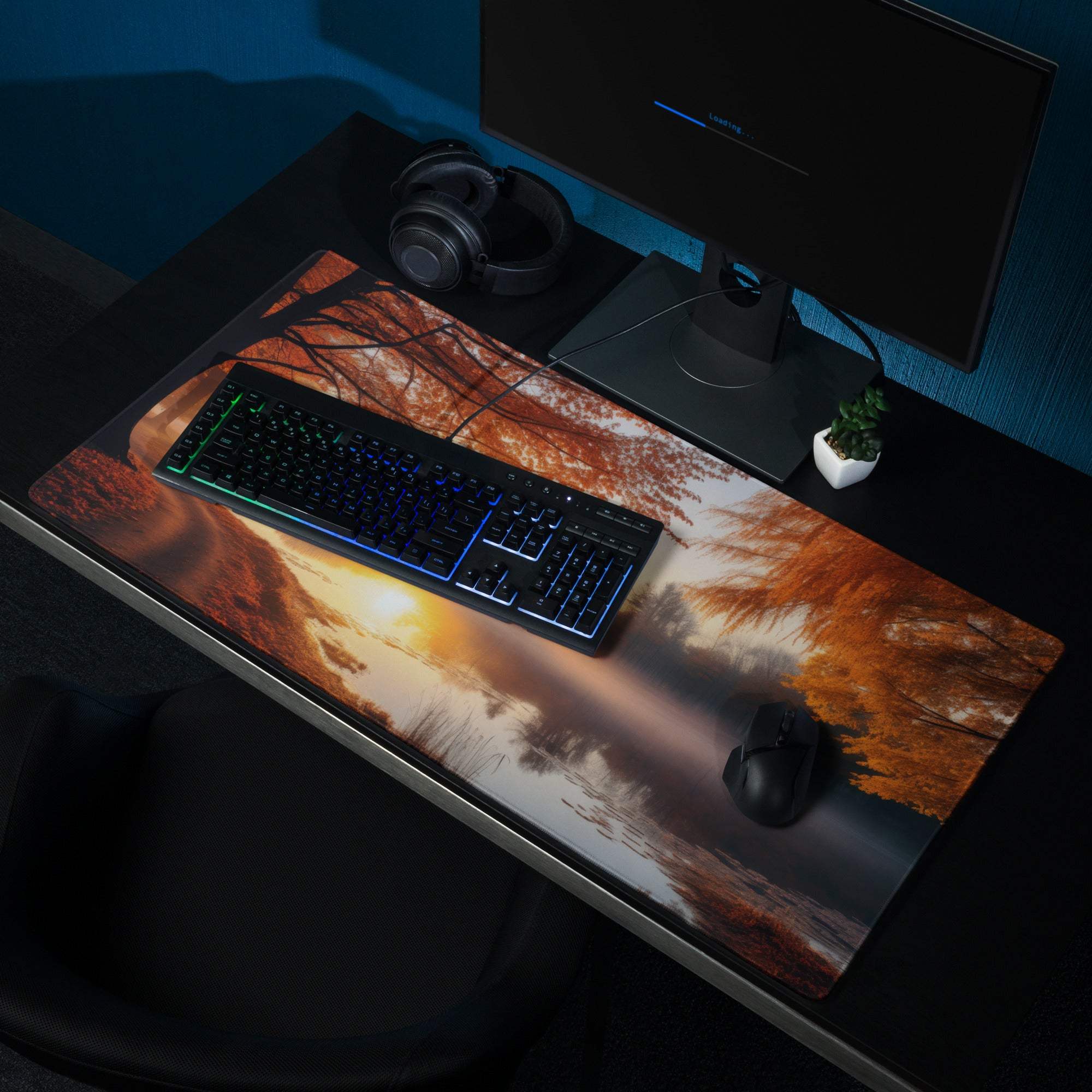 Large autumn forest gaming mouse pad with sunset hues, reflective water, non-slip base