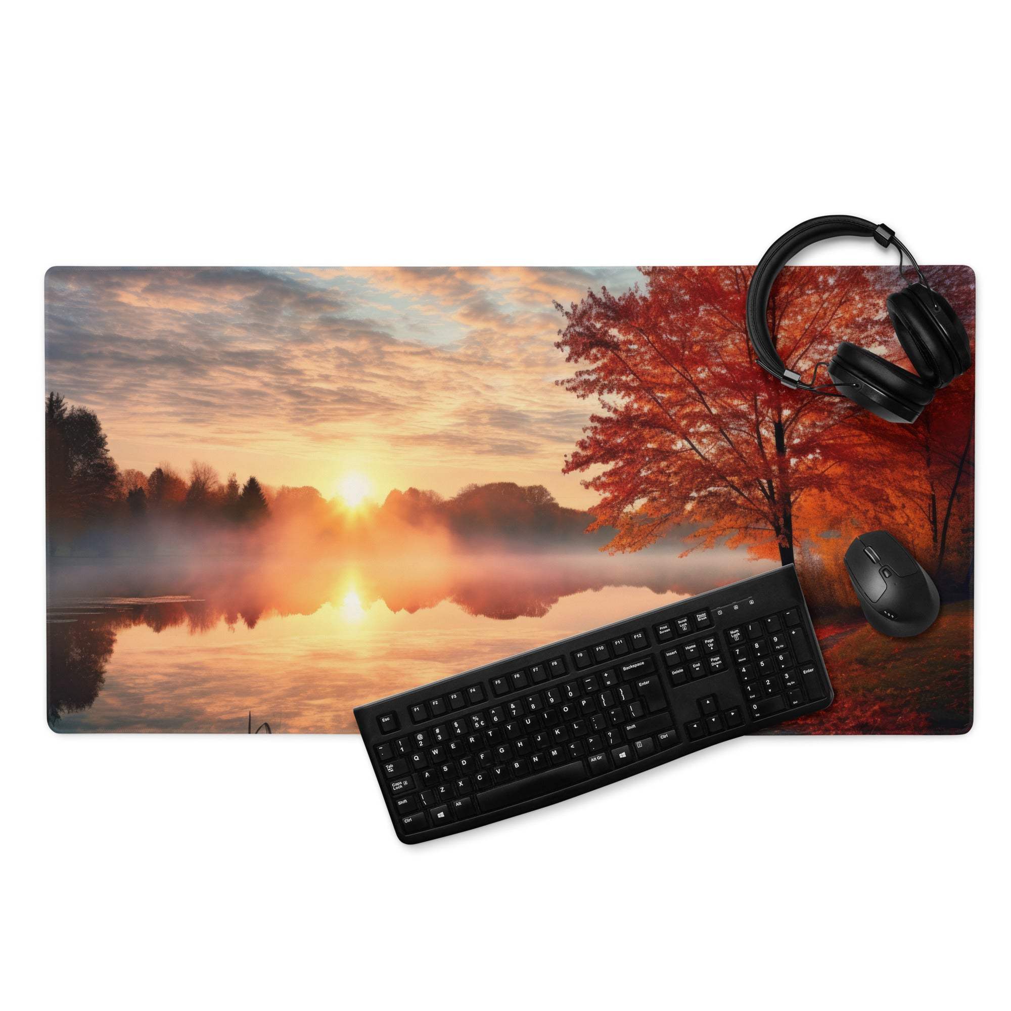 Premium large gaming mouse pad with autumn sunset landscape, non-slip base, stitched edges