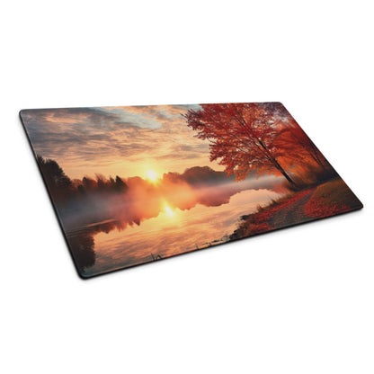 Premium autumn sunset rectangular glass cutting board with misty water and trees