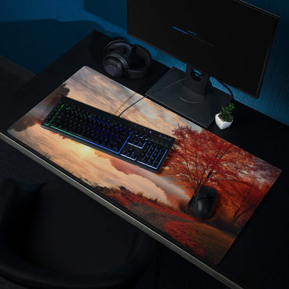 Premium Autumn Sunset Landscape Gaming Mouse Pad with red trees and orange skies