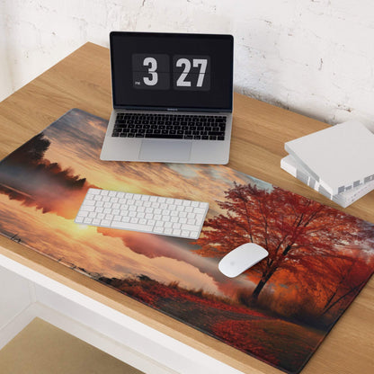 Premium large gaming mouse pad with autumn sunset tree scene