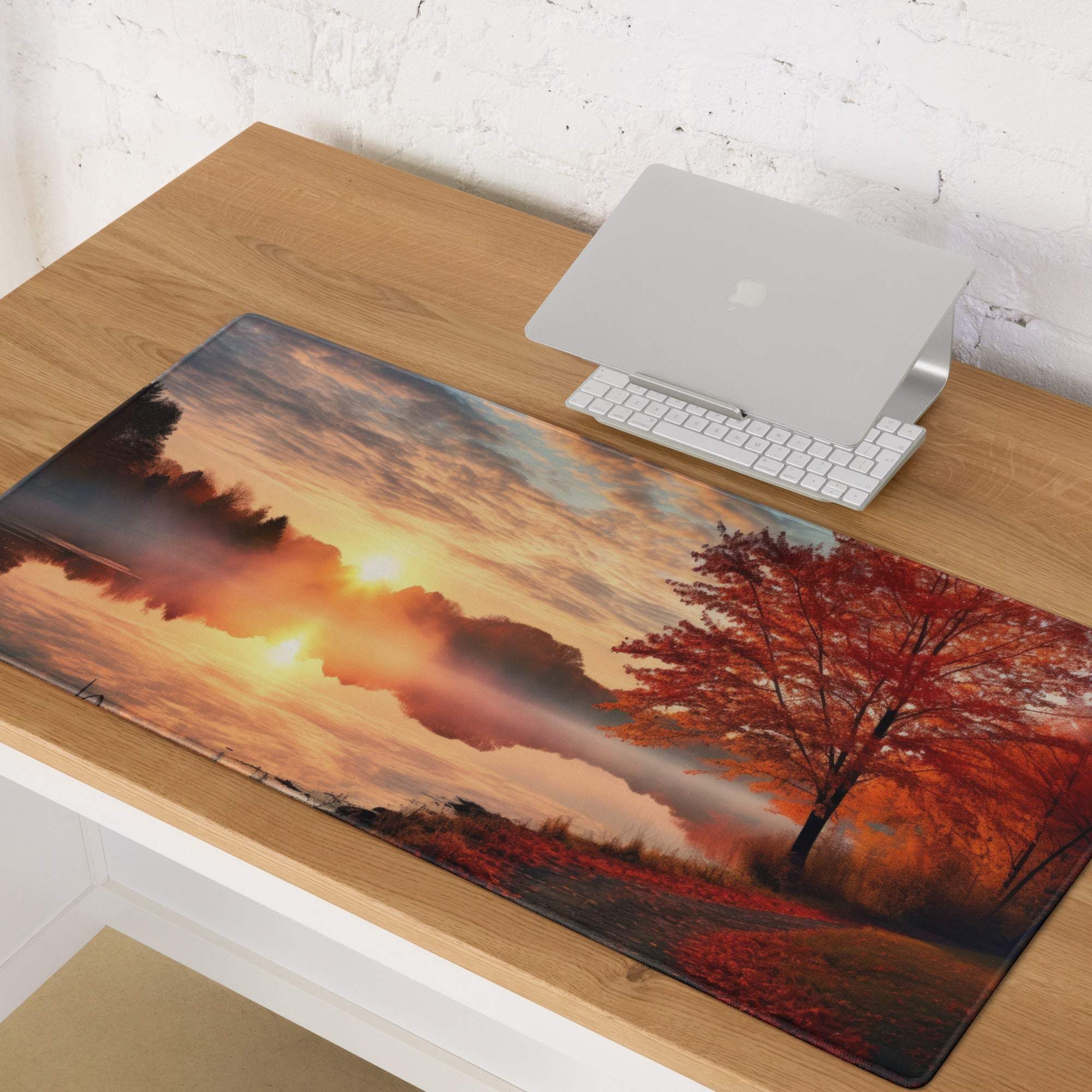 Premium large gaming mouse pad with autumn sunset, non-slip base, stitched edges