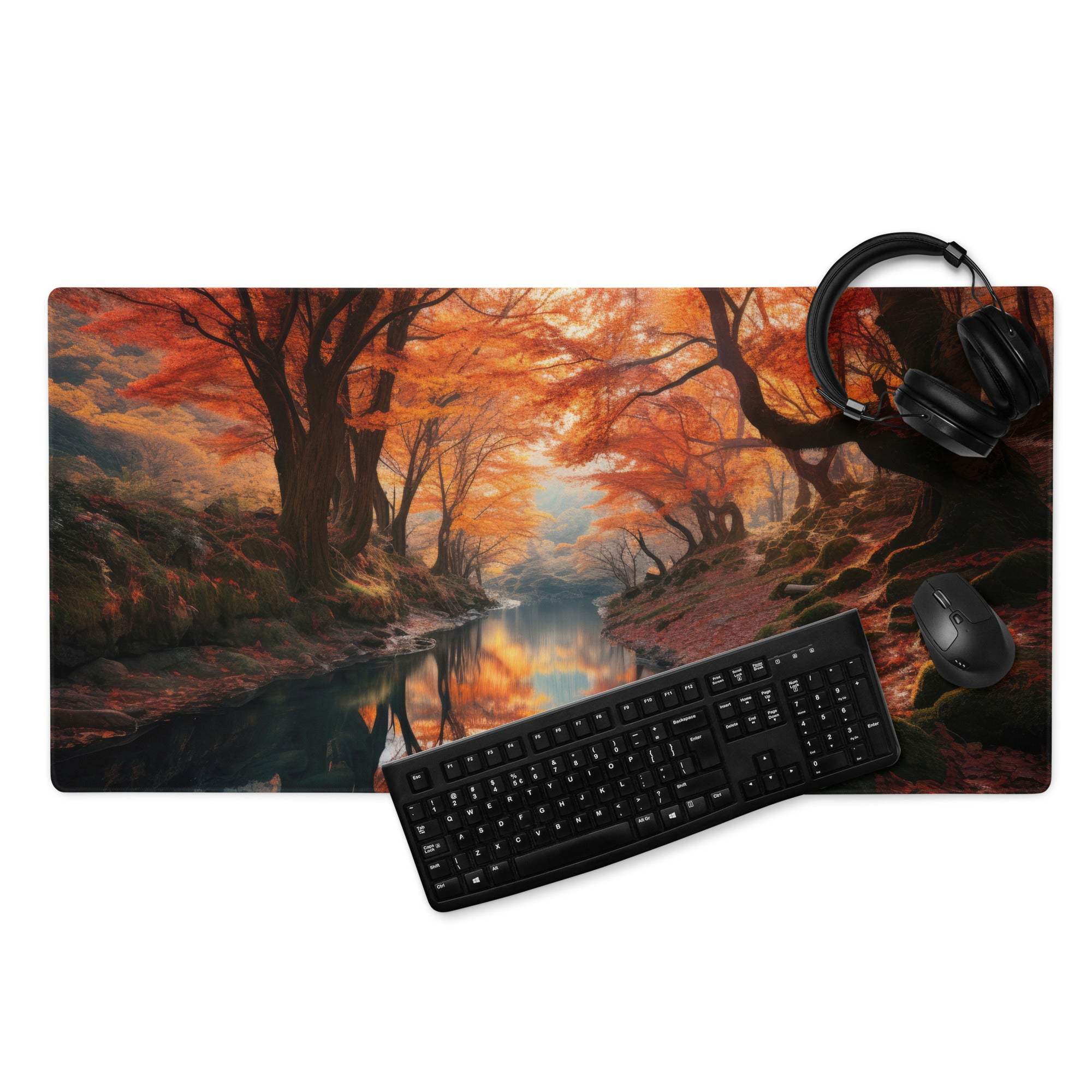 Vibrant autumn forest river gaming mouse pad with non-slip base