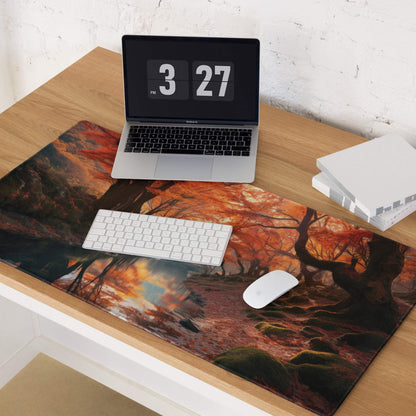 Vibrant autumn forest river scene gaming mouse pad with non-slip base