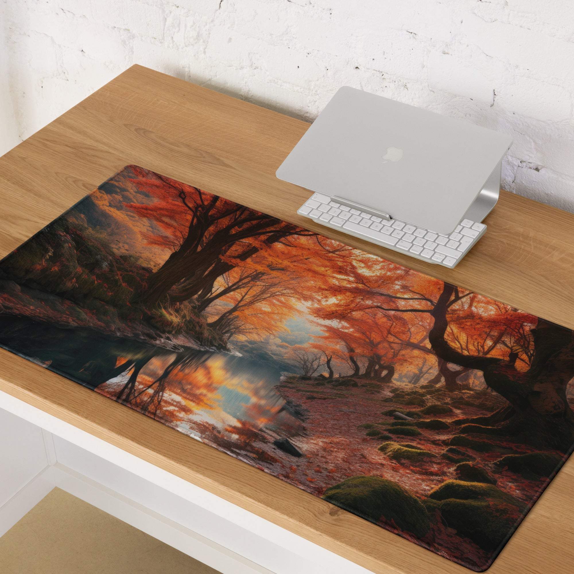 Vibrant autumn forest river gaming mouse pad with non-slip base