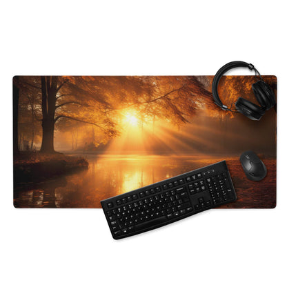 Premium warm autumn sunrise large gaming mouse pad with vivid trees over water
