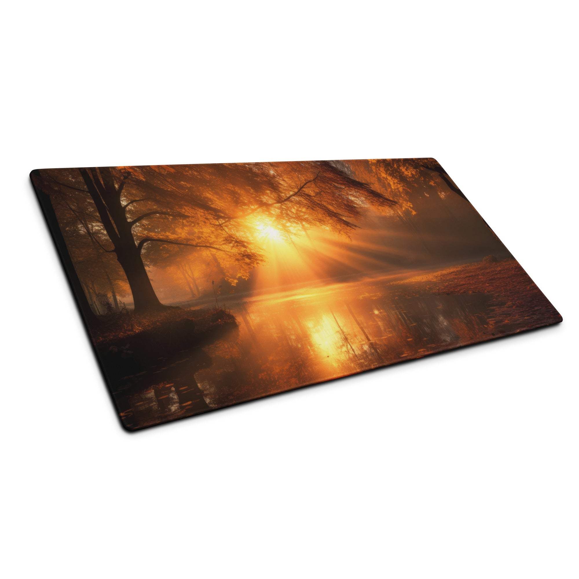 Premium warm autumn sunrise large gaming mouse pad with sunset over misty trees