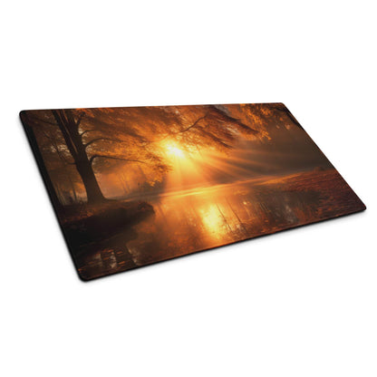 Premium warm autumn sunrise large gaming mouse pad with sunset over misty trees