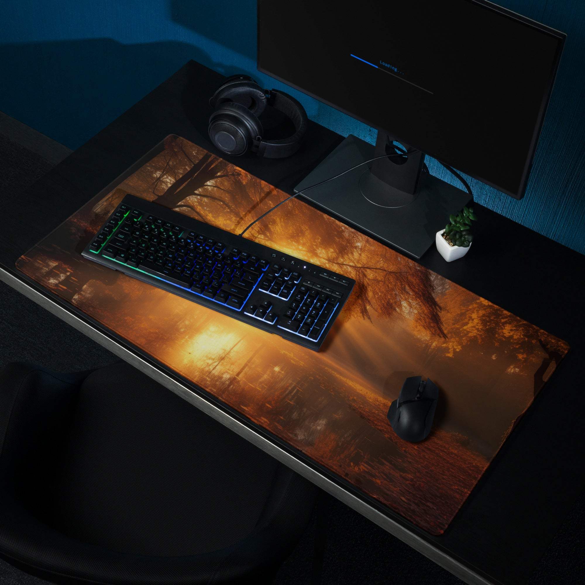 Premium warm autumn sunrise large gaming mouse pad with forest scene