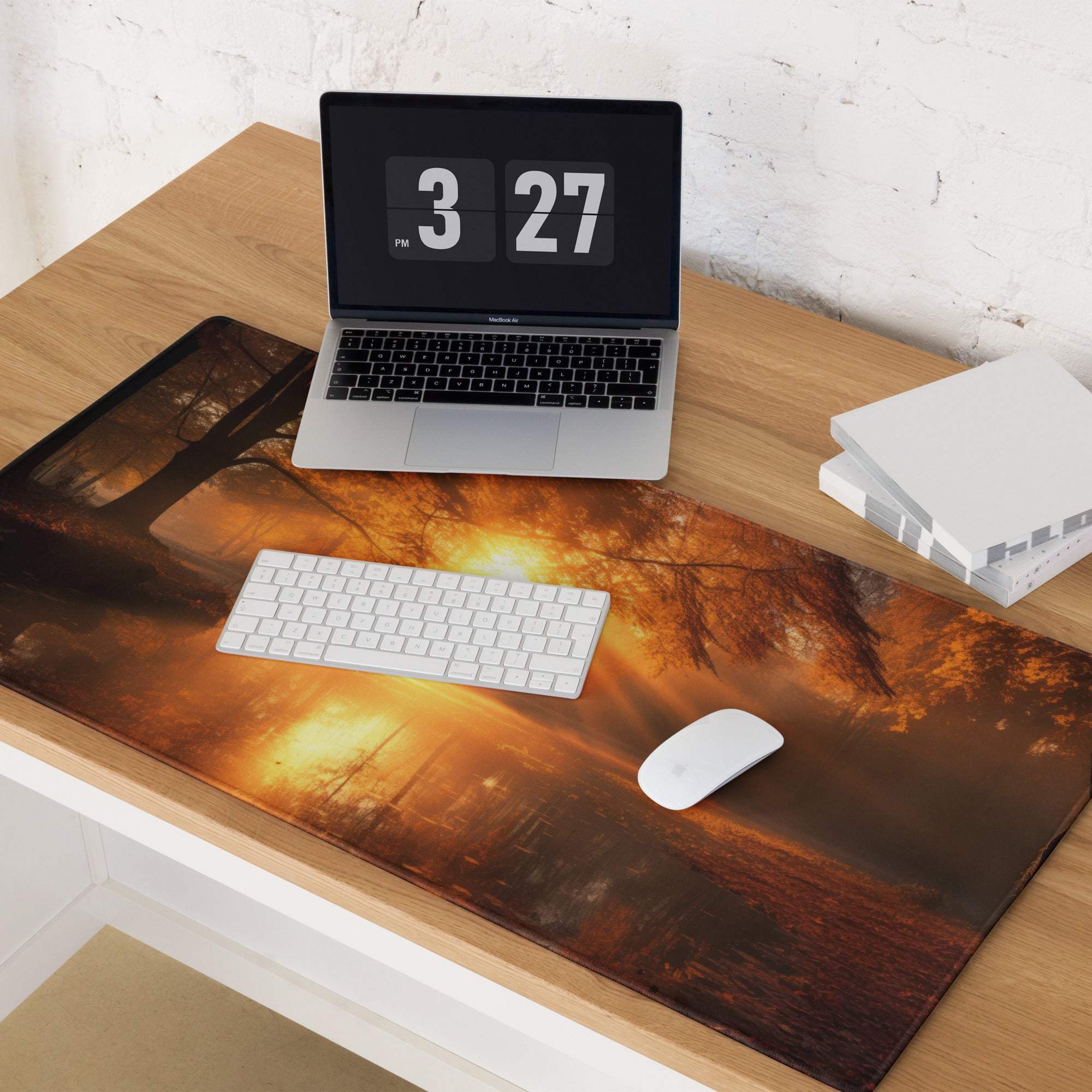 Premium warm autumn sunrise forest scene large gaming mouse pad