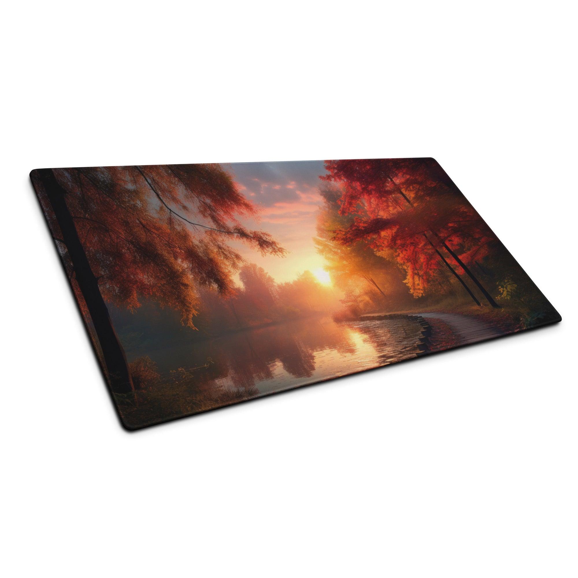 Large Autumn Sunset Forest Gaming Mouse Pad with fiery red trees reflected in water