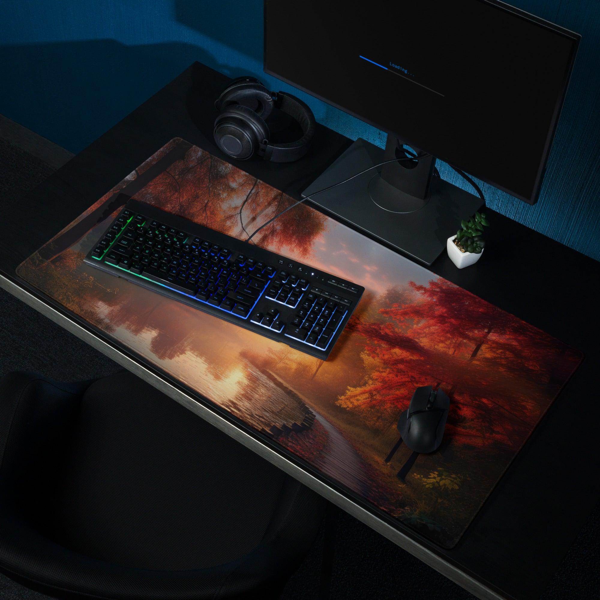 Large Autumn Sunset Forest gaming mouse pad with non-slip backing