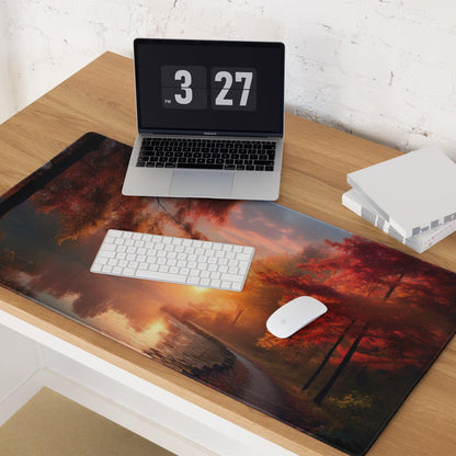 Large Autumn Sunset Forest Gaming Mouse Pad with vivid fiery trees reflection