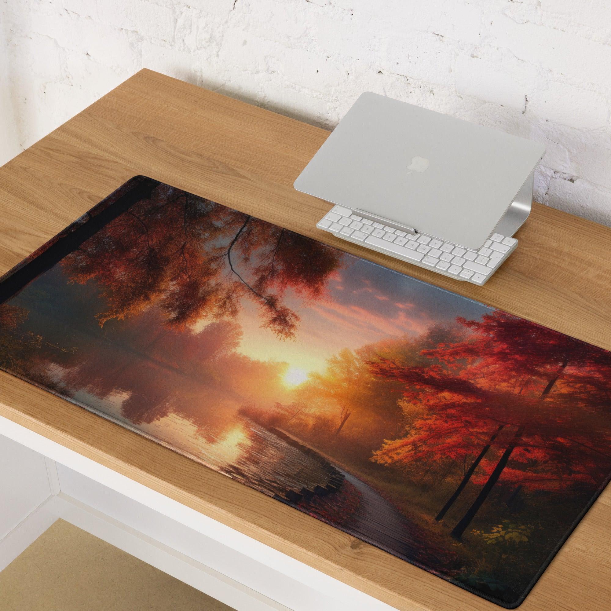 Autumn Sunset Forest gaming mouse pad with red orange trees, non-slip backing