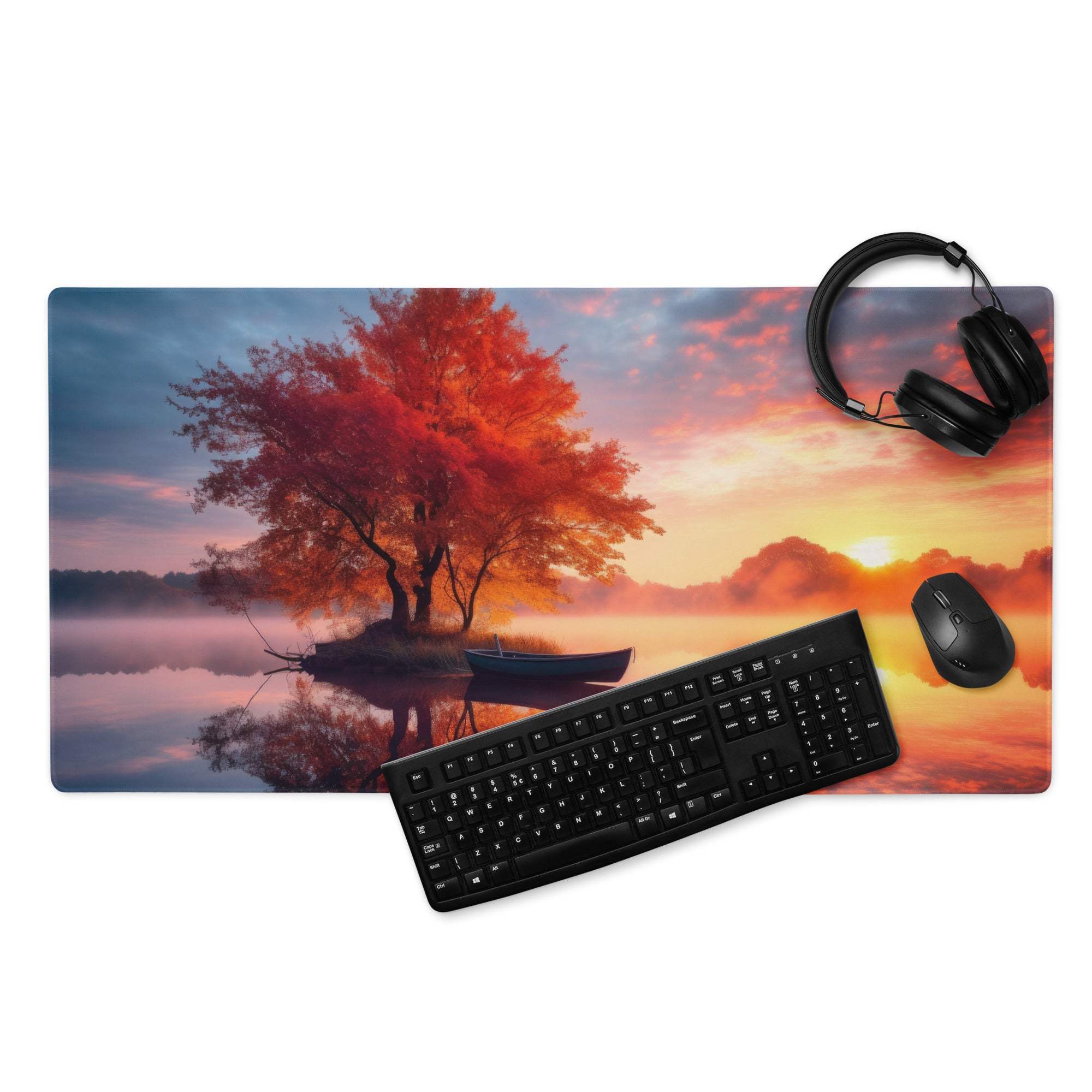 Tranquil autumn sunset glow mouse pad with orange tree, misty water, boat