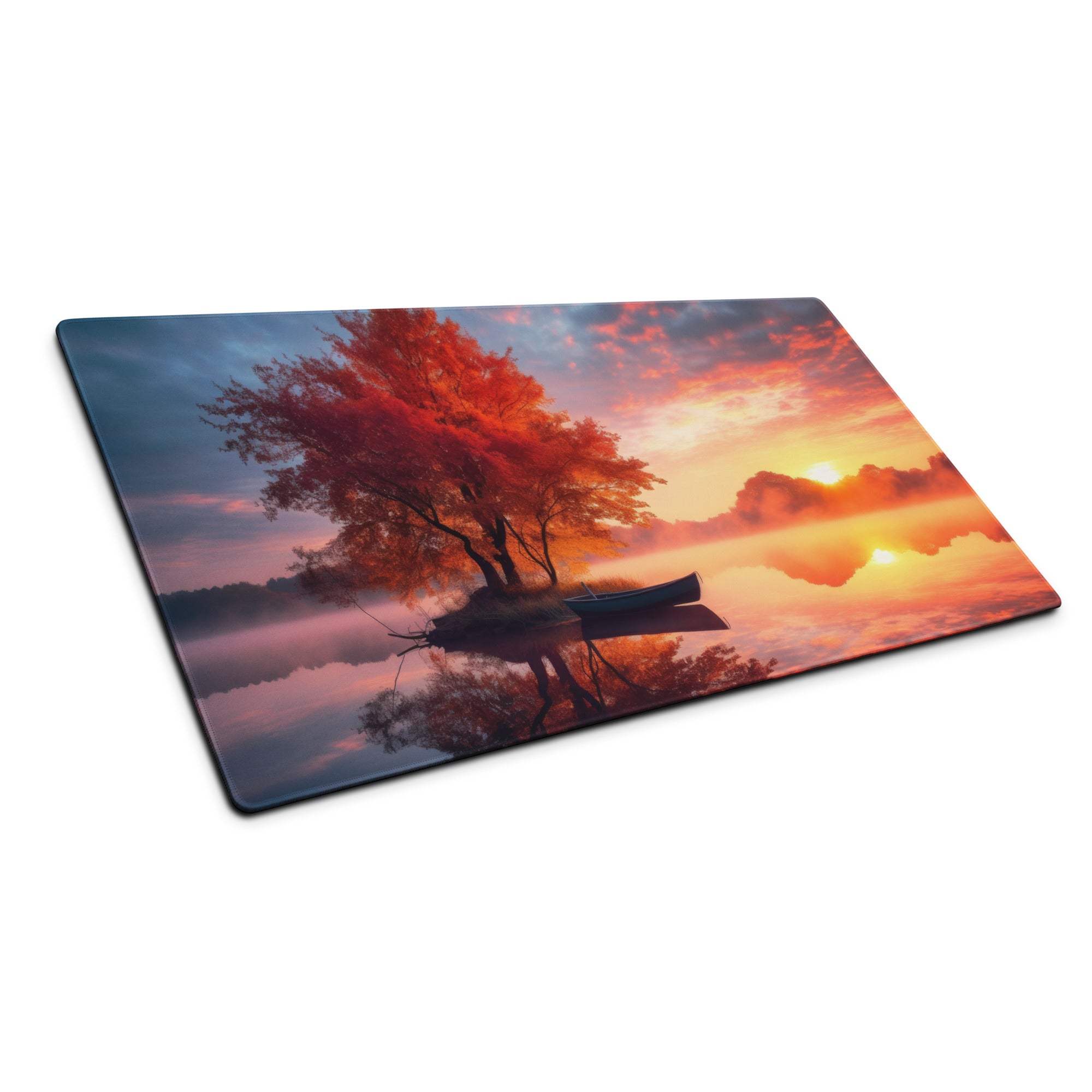 Tranquil autumn sunset glow mouse pad with orange tree canoe misty water
