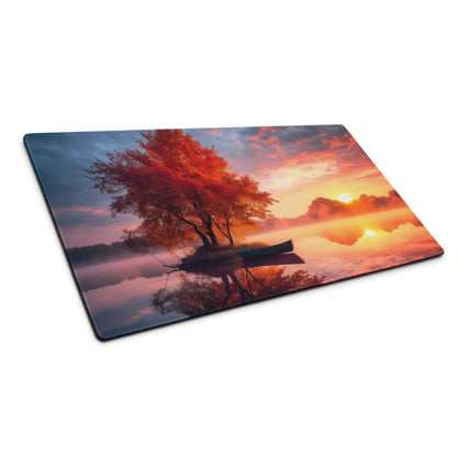 Tranquil autumn sunset glow mouse pad with orange tree canoe misty water
