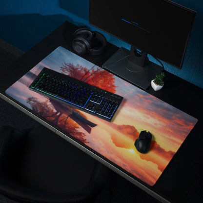 Tranquil autumn sunset glow gaming mouse pad with silhouetted trees