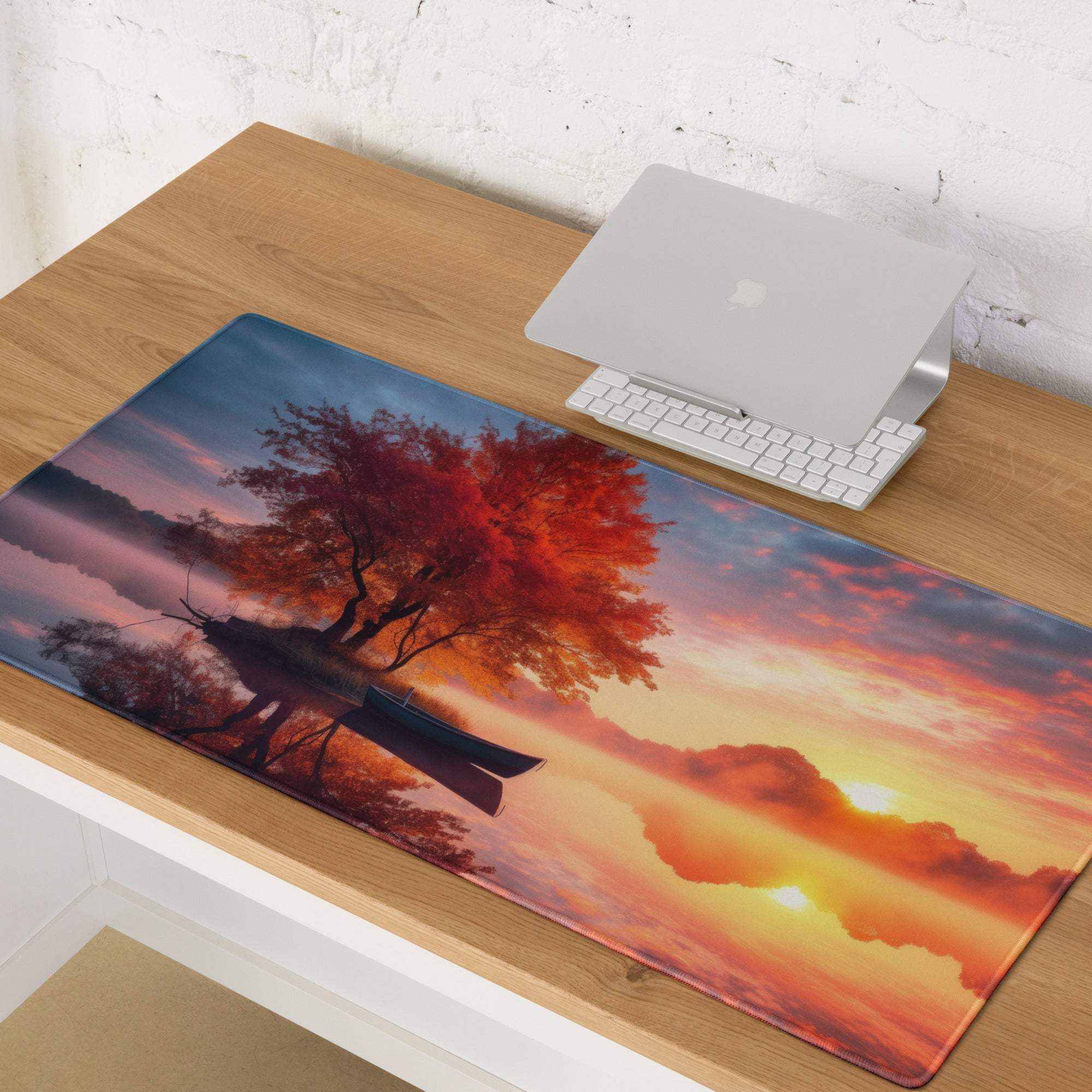 Tranquil autumn sunset glow large non-slip gaming mouse pad with fiery leaves