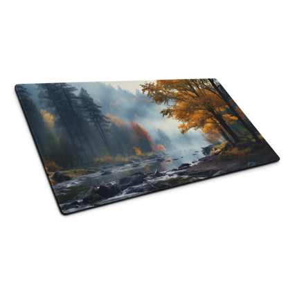 Large Autumn Forest River Gaming Mouse Pad with Misty Trees and Golden Foliage