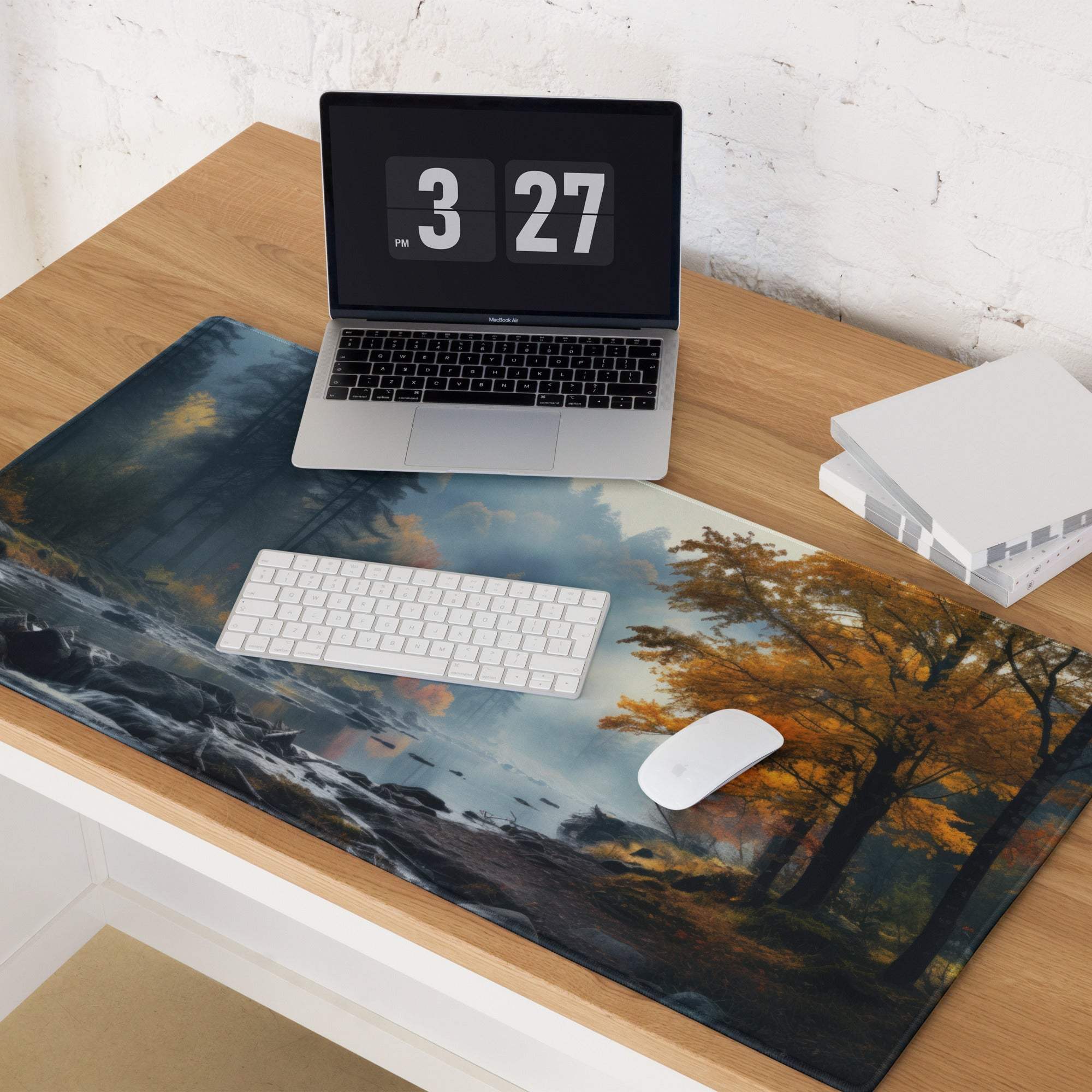 Autumn forest river gaming mouse pad with non-slip base, large size