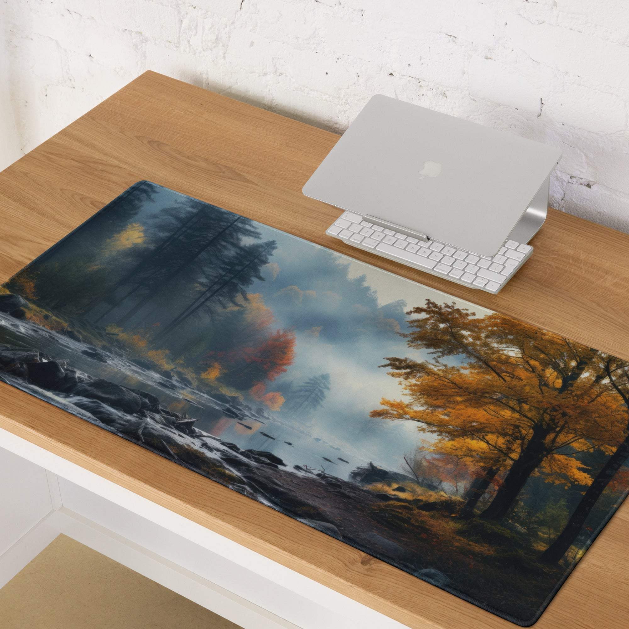 Large Autumn Forest River gaming mouse pad with non-slip base