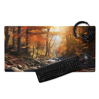 Large Autumn Forest gaming mouse pad with non-slip base, vivid orange trees and stream
