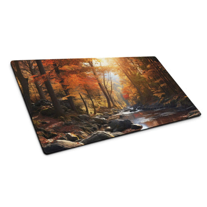 Autumn forest scene on large gaming mouse pad with non-slip base
