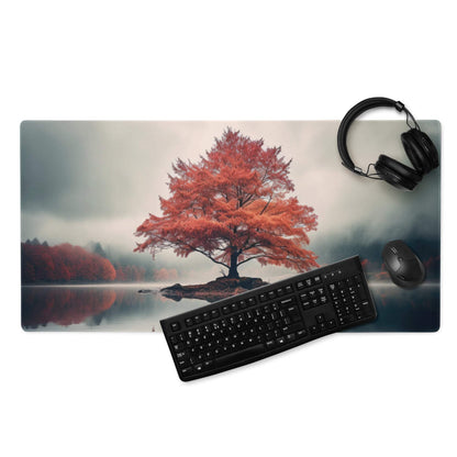 Autumn red tree island gaming mouse pad with vivid fiery leaves reflection