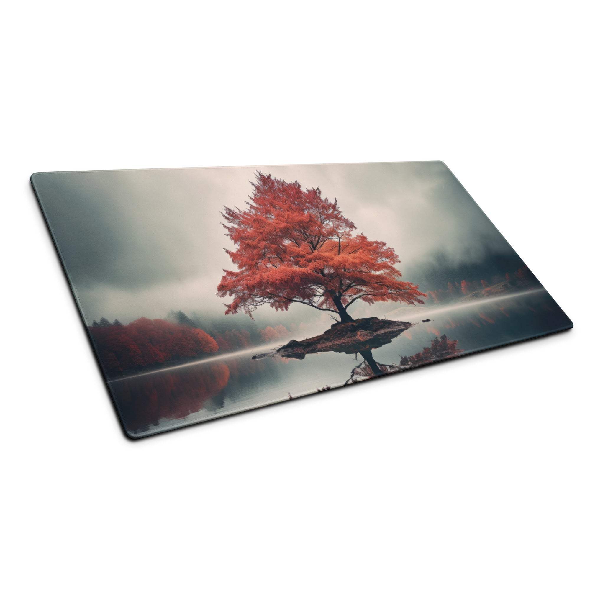 Large Autumn Red Tree Island Landscape Gaming Mouse Pad with vivid reflection