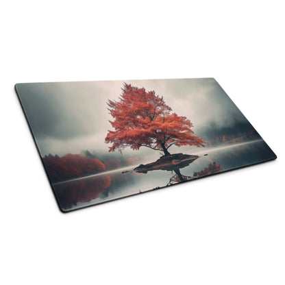 Large Autumn Red Tree Island Landscape Gaming Mouse Pad with vivid reflection