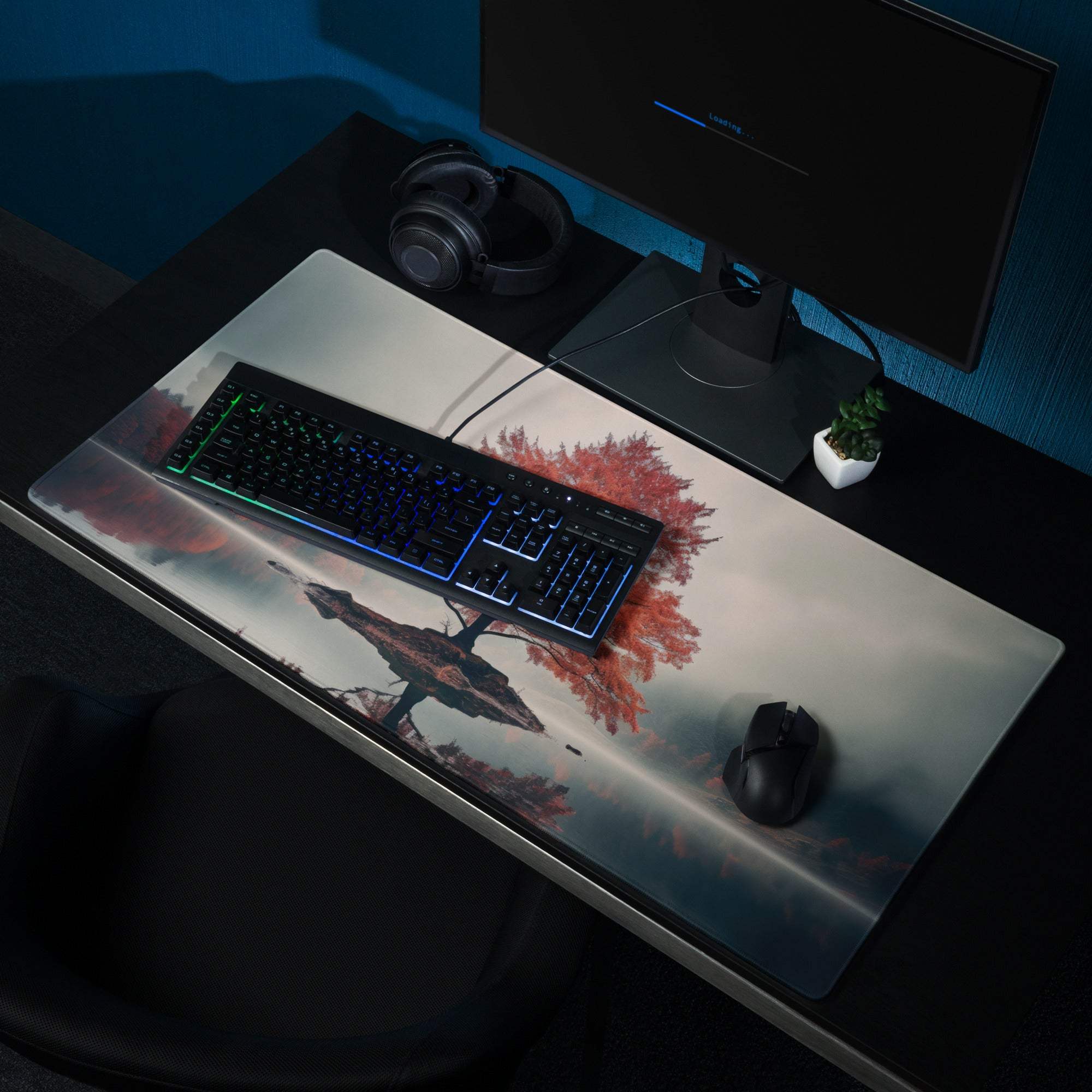 Autumn red tree gaming mouse pad with fiery leaves, non-slip base