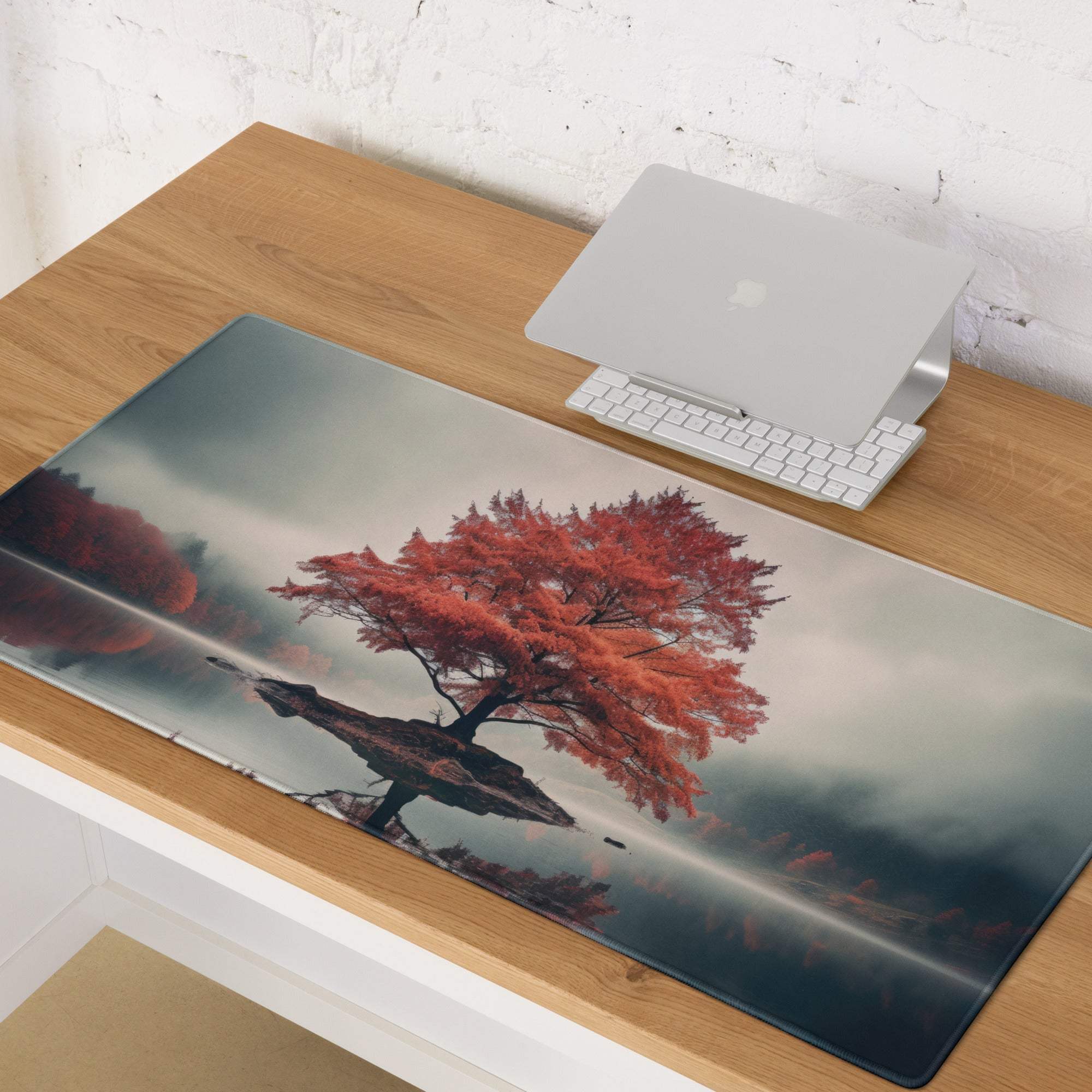 Autumn red tree gaming mouse pad with non-slip base, vivid branches on moody sky