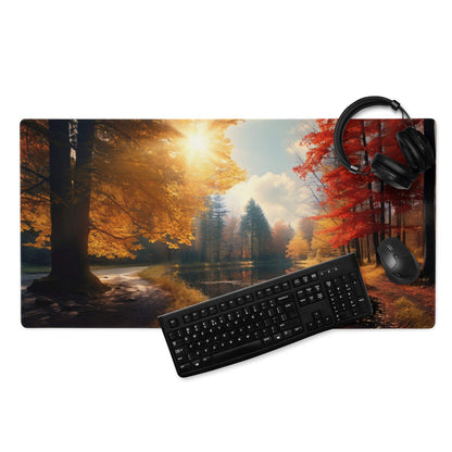 Large Autumn Forest gaming mouse pad with non-slip backing, fall colors