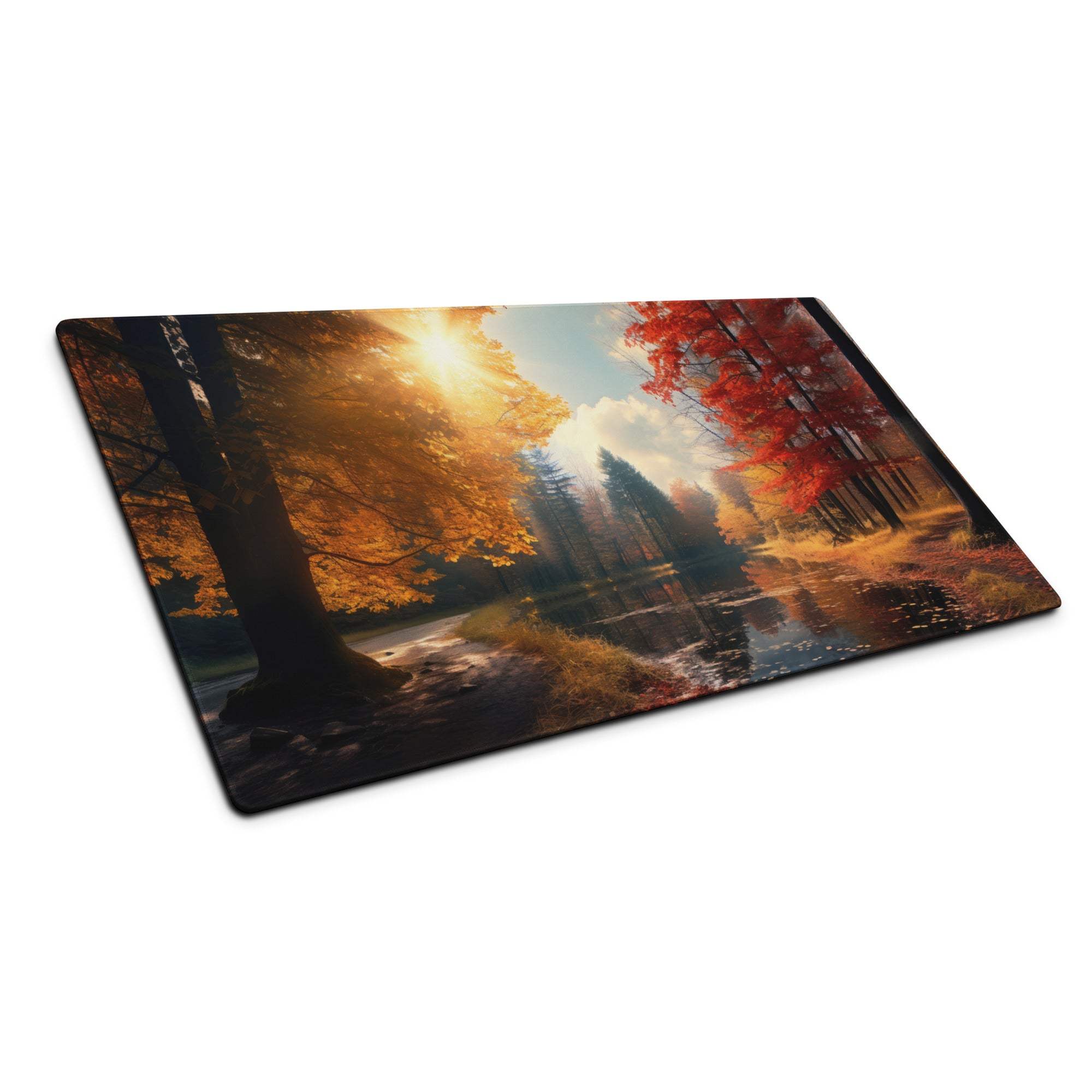 Large autumn forest gaming mouse pad with orange red foliage and stream reflection